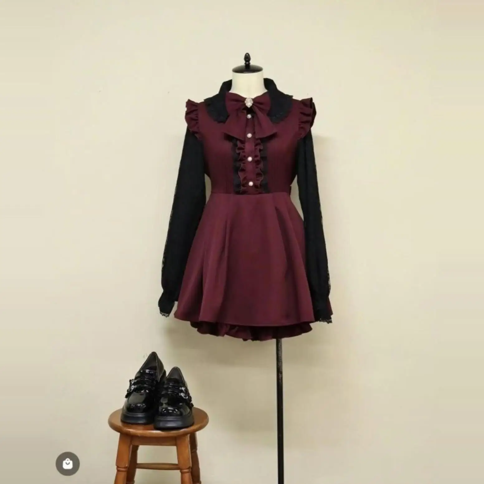 Japanese Mine Style Doll Collar Bow Lace Splicing Long Sleeve Lace-up Slim Dress High Waist Shorts Two Pieces Sets Women Autumn image 3