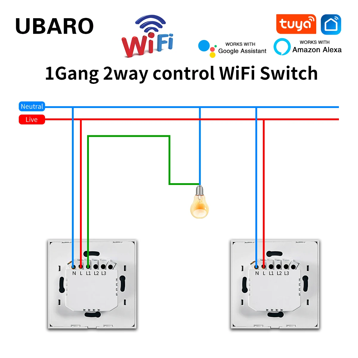 UBARO EU Tuya Wifi Stair Touch Switch Glass Panel Multi Sensor Button Alexa Voice Control Smart House Cross Switch  1 Gang 2 Way