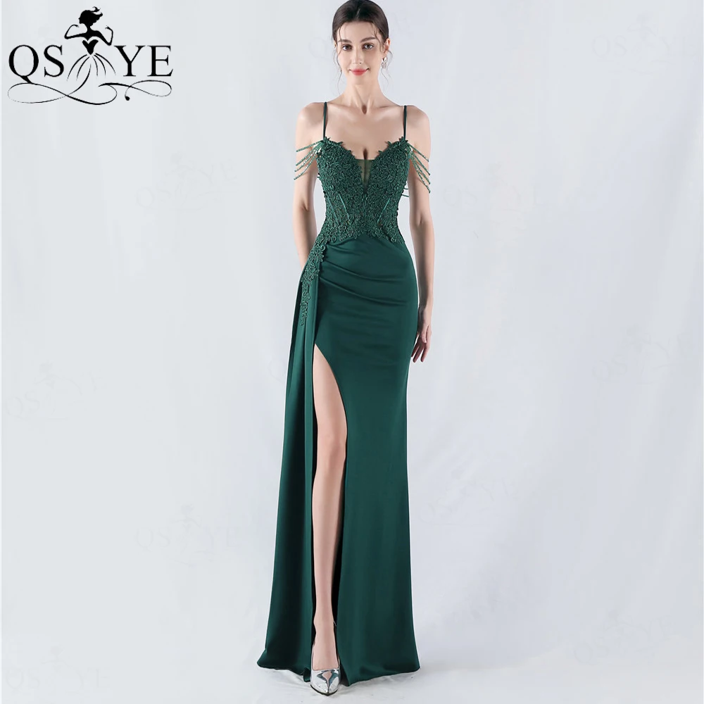 Green Lace Appliques Evening Dresses Side Peplum Ribbon Long Prom Dress Spaghetti Straps Bead Strings Fit Formal Dress with Slit