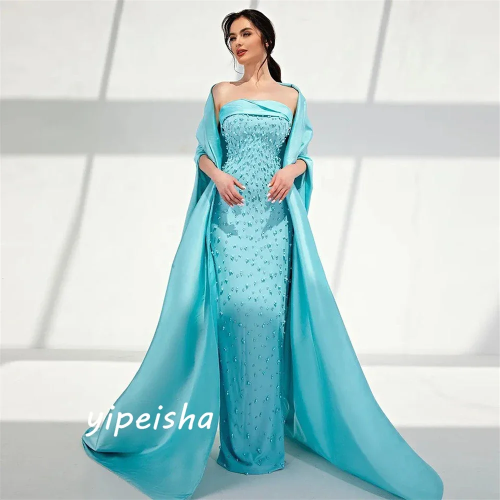 Customized Exquisite Prom Casual Strapless Sheath Formal Ocassion Gown Stole Beading Floor Length Skirts Charmeuse Evening Dre