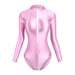 Japanese Satin Glossy Long Sleeve Front Zipper Crotchless One Piece Swimsuit Sexy High-Cut Bodysuit Women Bathing Suit Plus Size