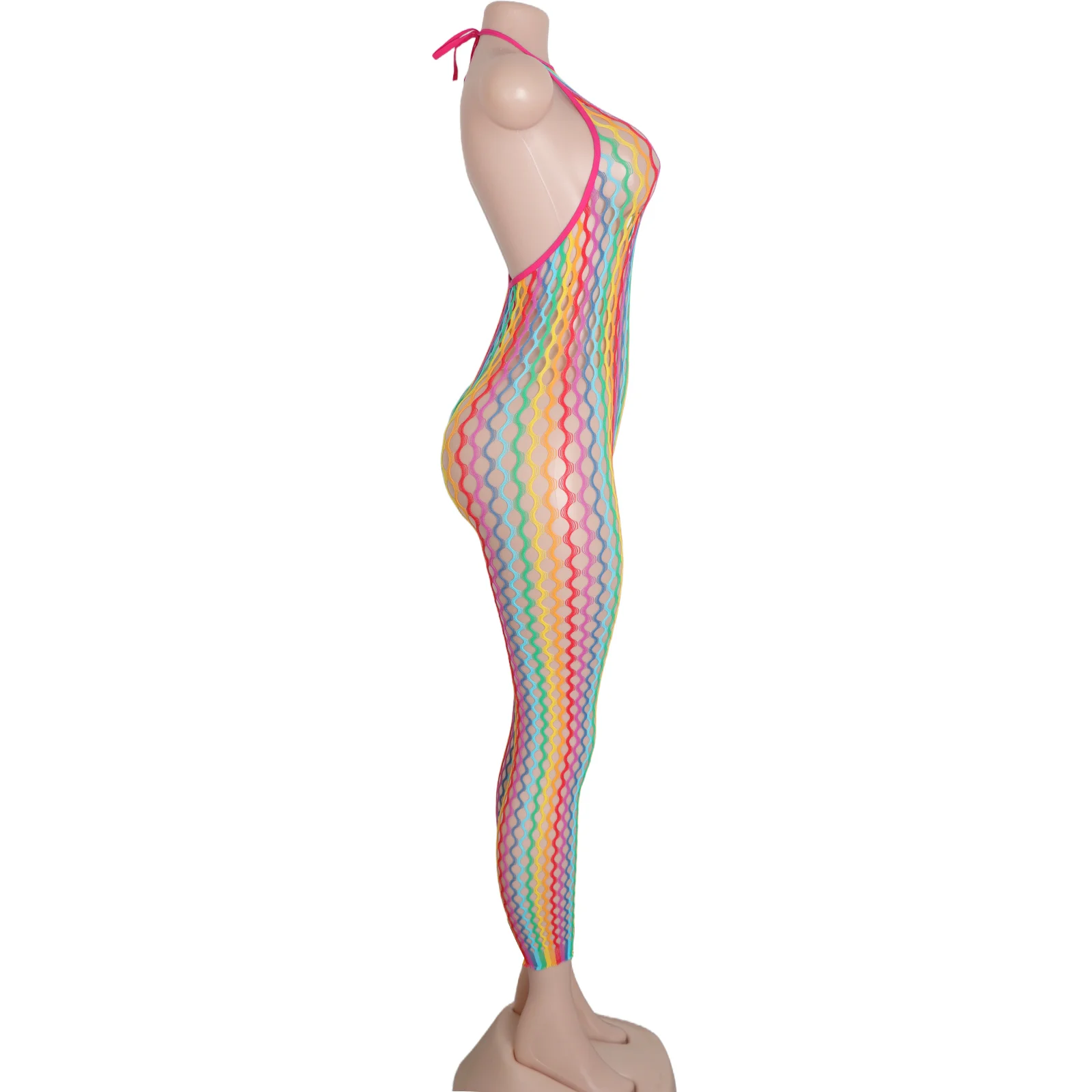 Exotic Fishnet Bodysuit Rainbow Accents Wholesale Lingerie Dancewear Adult Outfits Night Club Performance Costumes Stripper