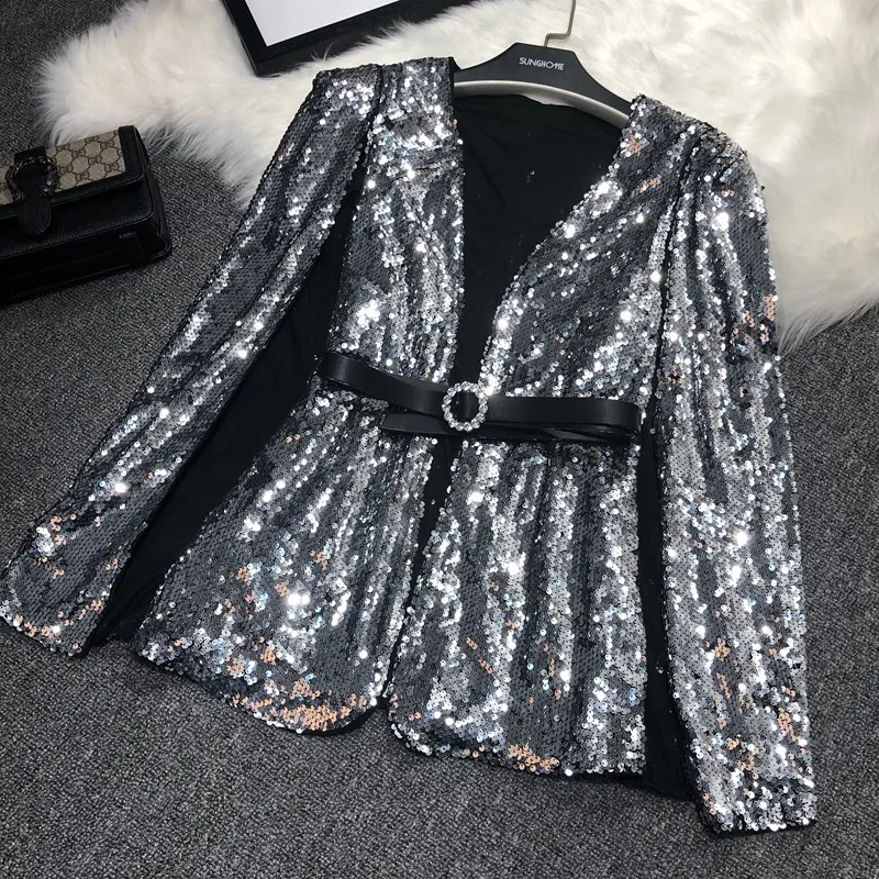 

Silver Sequin Blazers jacket Gold Bling Silver Black Women long sleeve Elegant Suit Coat Night club Glitter Shiny Punk Outwear