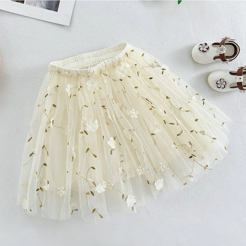 Image 6: Jupes en maille brodées de fleurs pour enfants, jupe Tutu de spectacle pour filles, jupe de princesse plissée, nouvelle collection été 2025