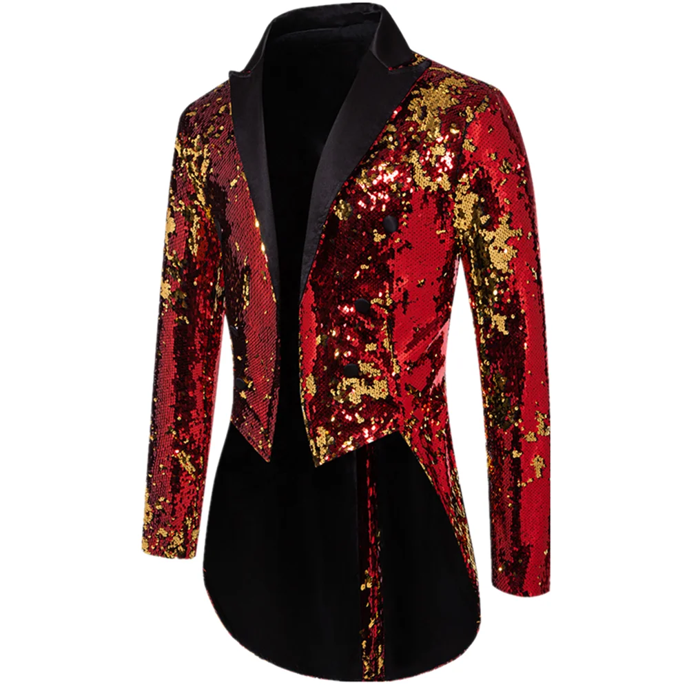 Blue Metallic Shiny Sequins Tuxedo Men\'s, Performance,Party Dress Coat, Fashion Long Cardigan Suit Jacket,Red, Gold Blazers