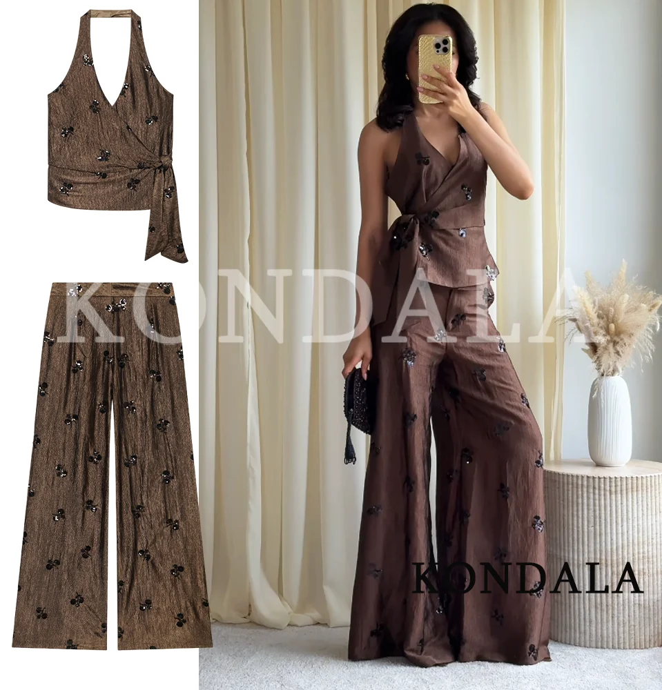 Elegantes, schickes, perlenbesticktes Damenanzug-Set KONDALA 2026 – Sommerliches, stilvolles Vintage High-Street-Hosen-Set mit Neckholder-Tops und weiten Hosen