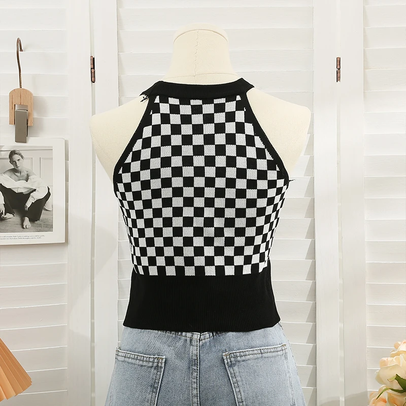 Nudny miód krótki Top kobiety francuski styl Halter Off-The-Shoulder topy prosta koszula krótki T-Shirt checker Sling Vest kobiety ubrania