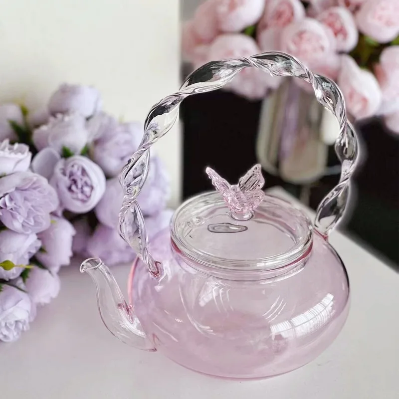 Pink Handle Glass Teapot Household Transparent Filter Tea Set Beam Pot Pu'er Tea Kettle Simple Chinese Flower Tea Pot Tea Maker