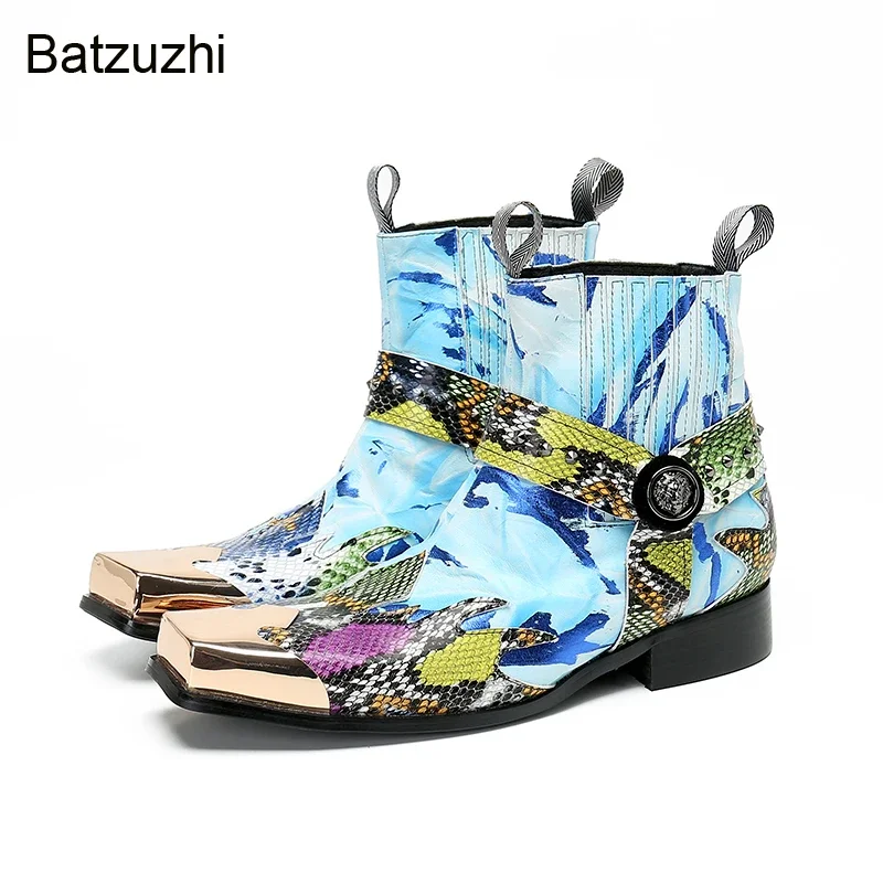 

Batzuzhi New Western Boots Men Blue Luxury Leather Ankle Boots Men Golden Metal Toe Party/Party Botas Hombre, Big Sizes EU38-47