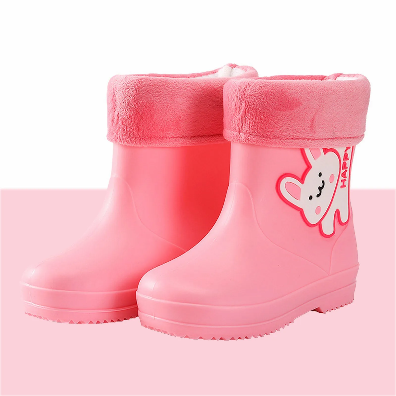 Kids Rain Boots Waterproof Children Water Shoes Girls Rubber Boots Cartoon Rabbit Four Seasons Removable Plush Non-slip Booties