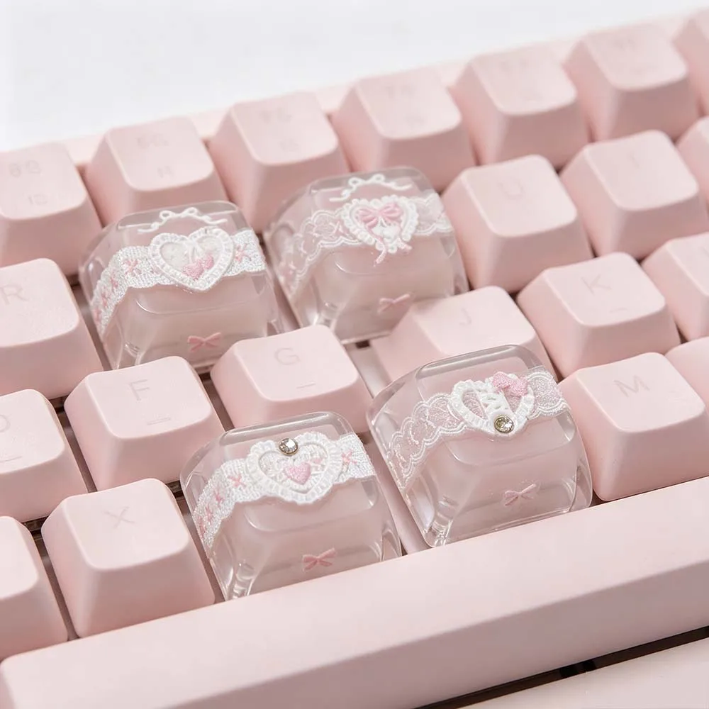 4pcs Sweet Korean Style Keycaps Set Pink Lace Heart Bow Resin Keycaps for Mechanical Keyboard Cherry MX Switch ESC Arrow Keycaps