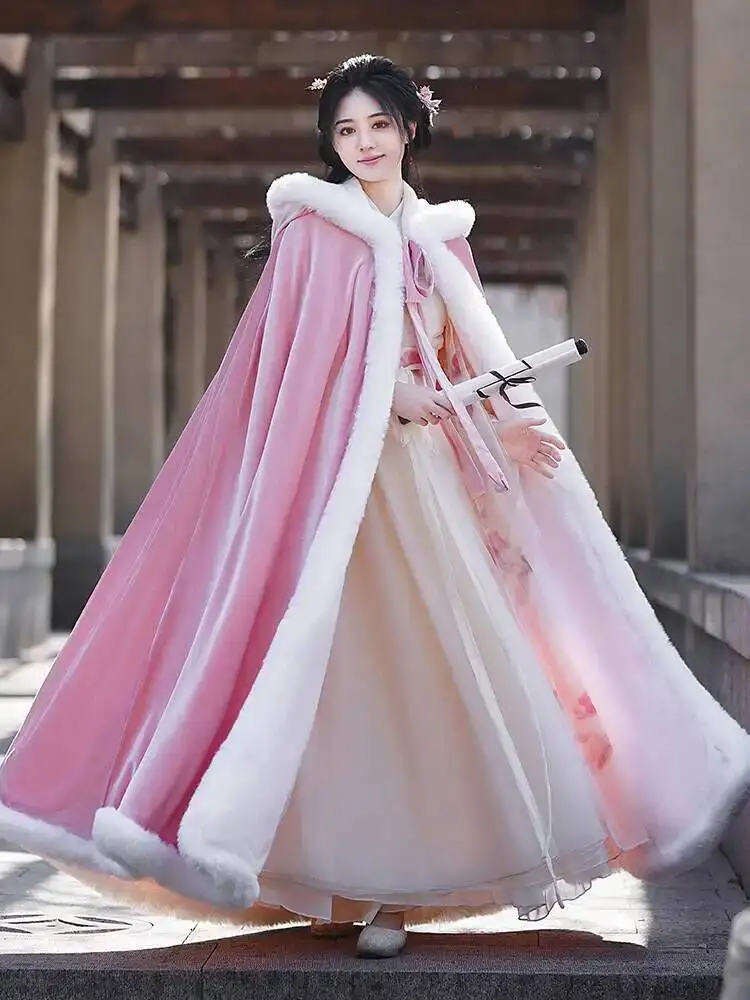 

Pink Cloak Hanfu For Women Winter High-end Fur Collar Fleece Lined Thickened Ancient Costume Cape Bride Wedding Xiuhe Shawl Coat