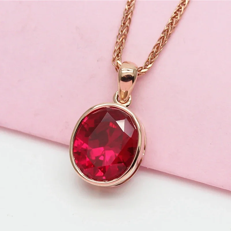 New Simple Ruby Necklaces for Women Plated 14K Rose Gold Inlaid Oval Pendant Classic Glamour Party Jewelry Gift