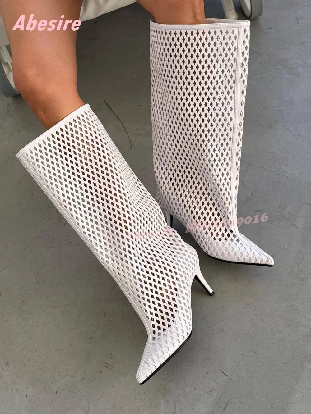 Black Hollow Out Knee High Boots Pointy Toe Mesh Stiletto Boots Thin Heels Patchwork Runway Party Shoes 2026 New Solid Elegant image 4