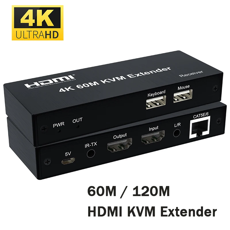 4K 30Hz HDMI KVM Extender over Rj45 Cat5e/6 Cable up to 60M 120M HDMI USB Extender Transmitter Receiver with Loop-out for PC NVR