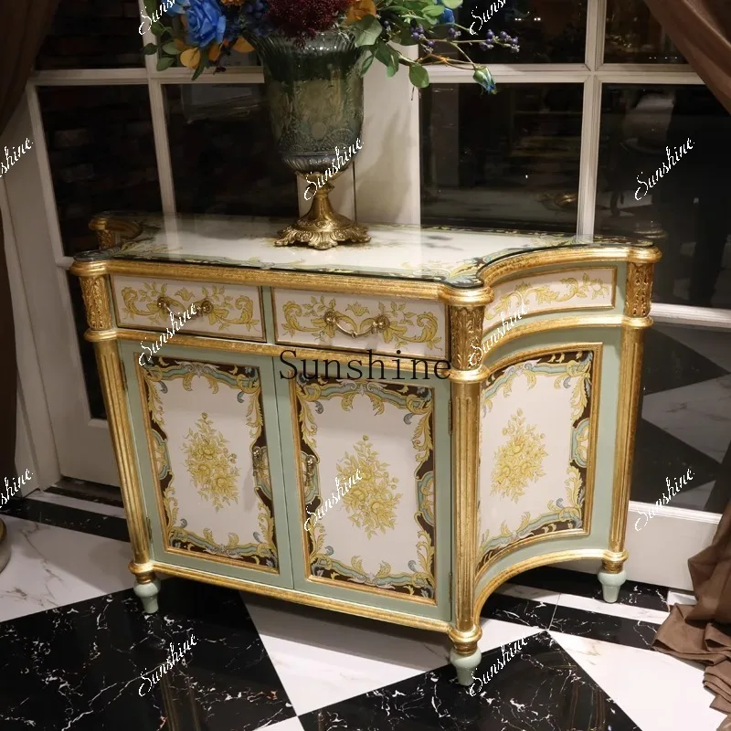 

Retro hand-painted art entrance cabinet Solid wood flower living room foyer cabinet FT