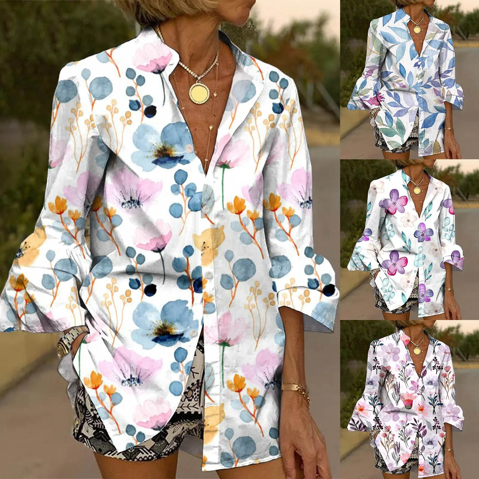 

Women Dressy Casual Seventh Sleeve Shirts Blouses Folding Solid Shirts Overshirt Tunics Cardigan Blouses Vintage Elegant