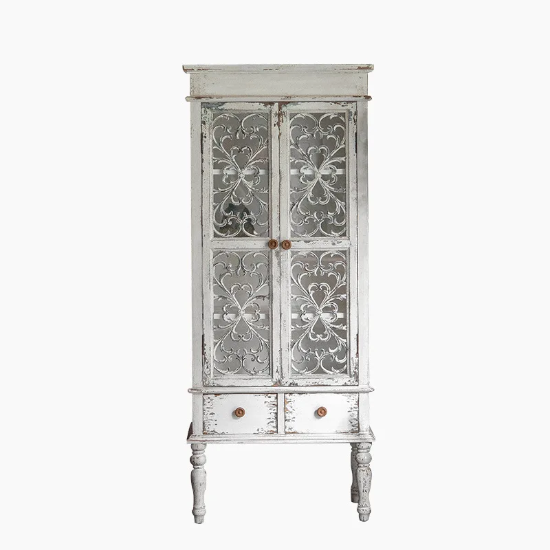 

American retro old high cabinet, living room solid wood glass TV cabinet, home bookshelf B & B dining side wine cabinet