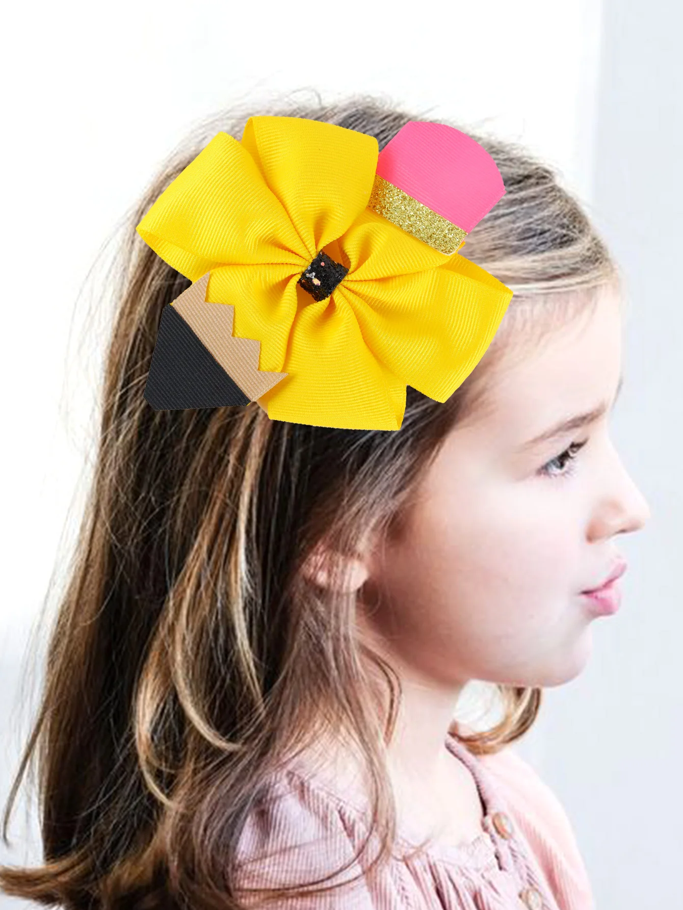 ncmama Back To School Pencil Ribbon Bow Hair Clips for Baby Girls Cute Solid Bowknote Hairpin Student Headwear Hair Accessories