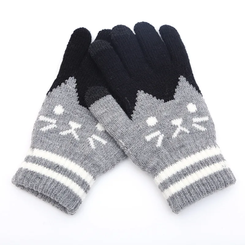 New Winter Thicken Warm Gloves For Men Women Students Cute Cat Knitted Touch Screen Mittens Outdoor Cycling Skiing Gloves