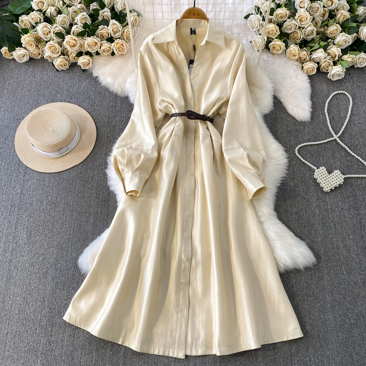 Superaen estilo francês retro cetim com decote em v vestido feminino outono nova cintura plissada elegante único breasted vestidos longos