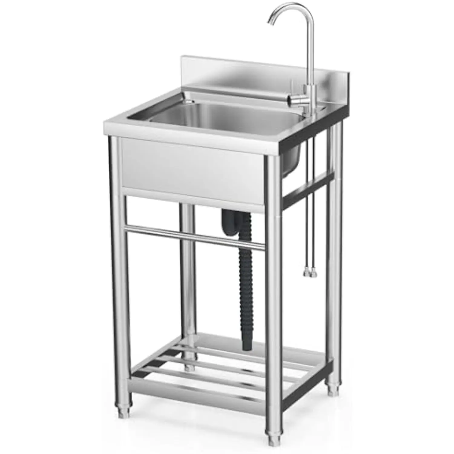 

Stainless Steel Utility Sink, Free Standing Single Bowl Kitchen Sink with Cold and Hot Water Pipe for Laundry, Bathroom, Farmho