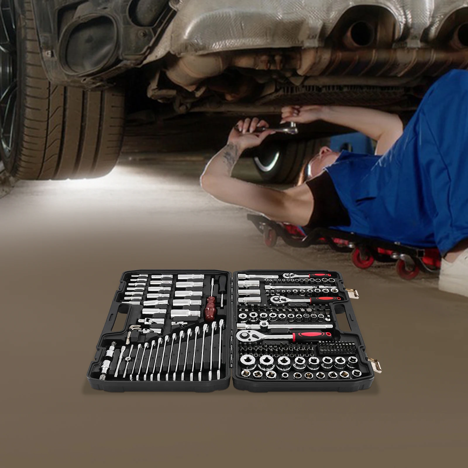 ชุดบล็อกขันหัวบล็อก 216 ชิ้น พร้อมกล่องเครื่องมือ 216 ชิ้น ประกอบด้วยบล็อกและประแจบล็อก