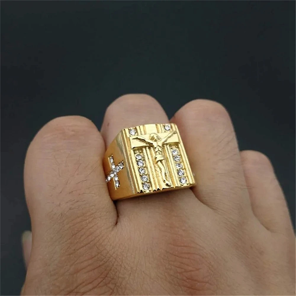 Hip Hop Iced Out Religious Jesus Cross Ring Gold Color Stainless Steel Christian Rings For Women & Men Wholesale Anel Masculino