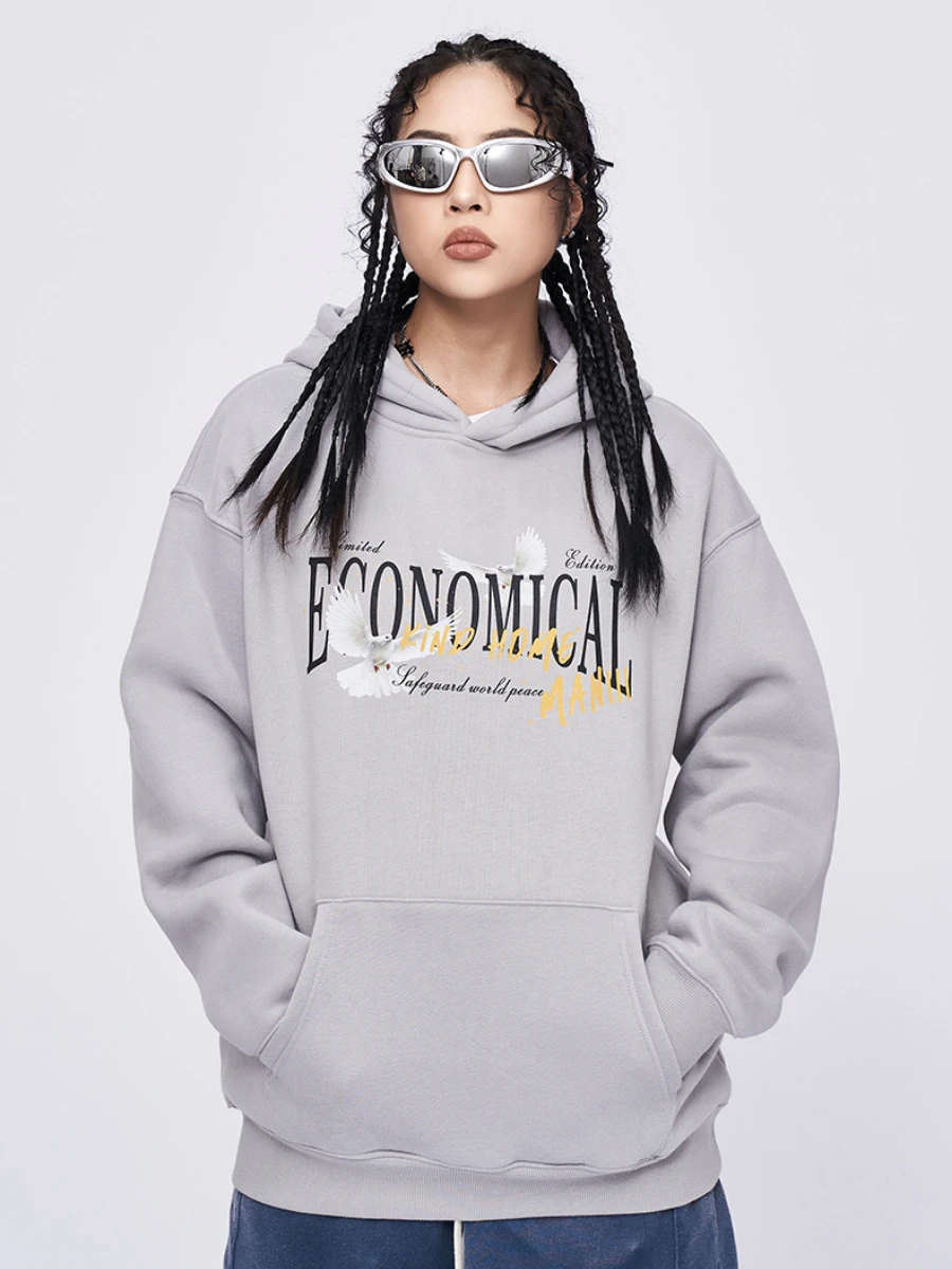 Sumuyoo Autumn Winter Thicken Fleece Couple Print Hoodies Fashionable Loose Basic Pullover Warm Retro Oversized  Hoodies 380g/㎡