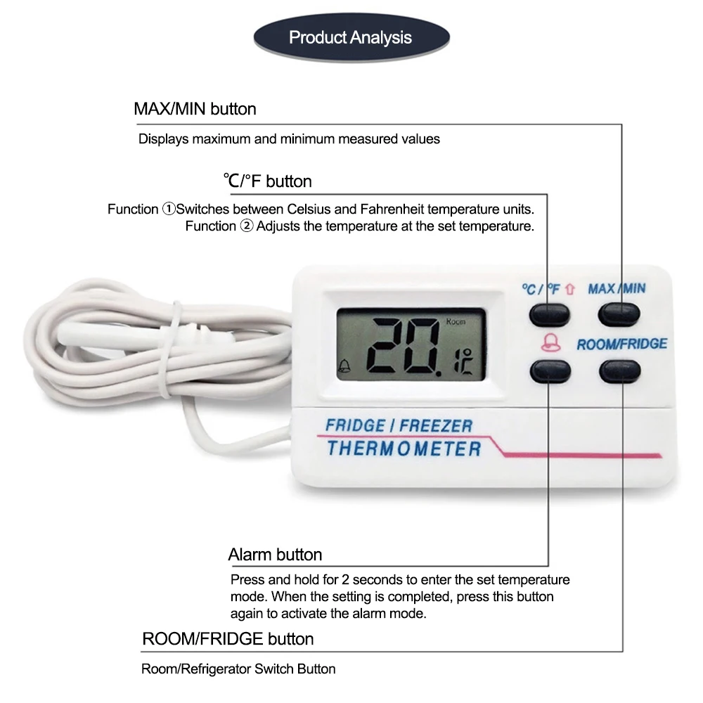 1Pcs LCD Freezer Thermometer High & Low Temperature Alarms Settings with -50 ℃~70 ℃ Digital Refrigeration Fridge Thermometer