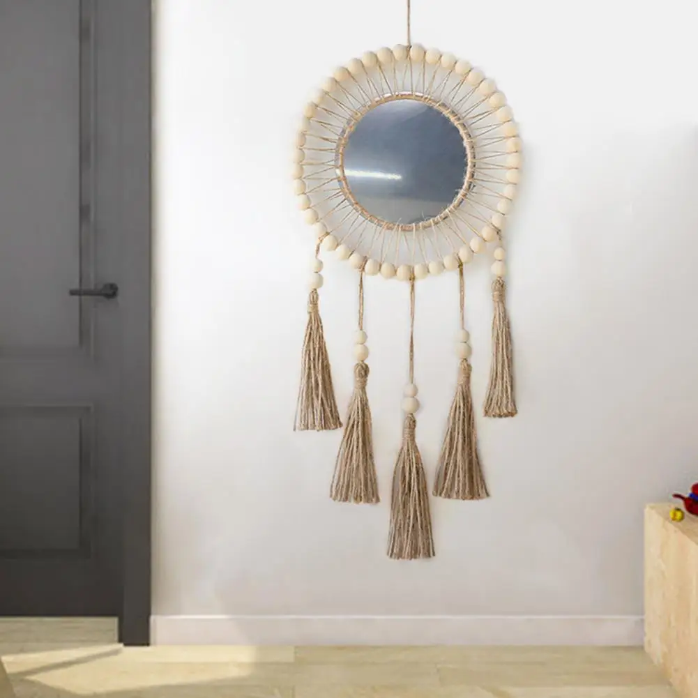 High Cotton Thread Mirror Exquisite Hand-woven Tassel Mirror Decorative Wall Hanging with Wooden Beads Cutout Design Room Porch