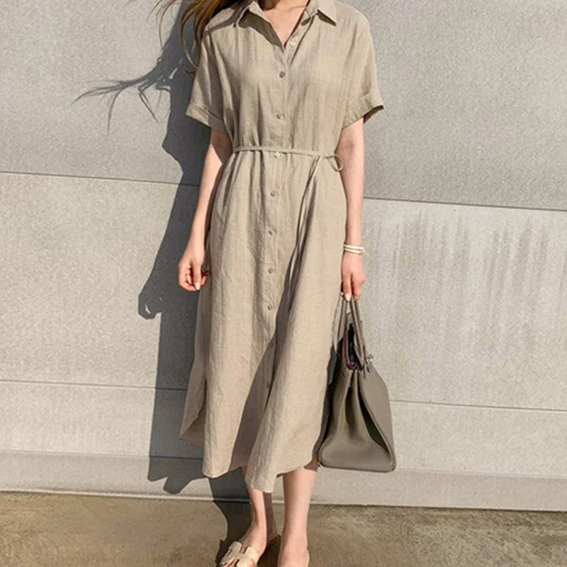 

Женское хлопково-льняное платье-рубашка, летние длинные платья с коротким рукавом и отложным воротником, свободные платья-кардиганы для поездок на работу