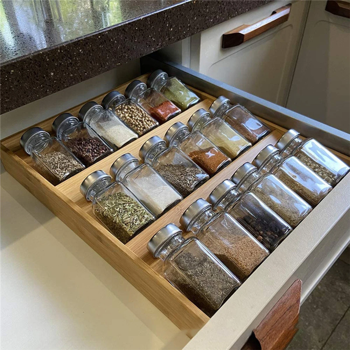 Bamboo Drawer Spice Rack,Countertop 3 Tier Storage Rack For Kitchen Counter,Shelves, Kitchen Organizer And Storage