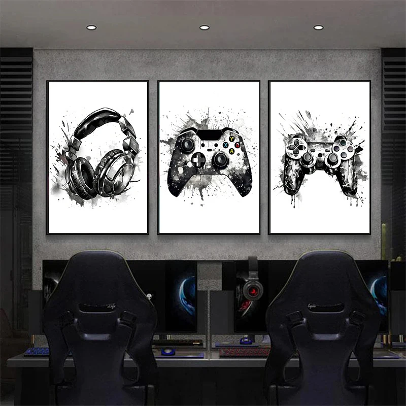 Black and White Ink Video Game Controller Poster Nordic Gamer Enthusiast Canvas Painting Picture Boys Room Wall Art Home Decor