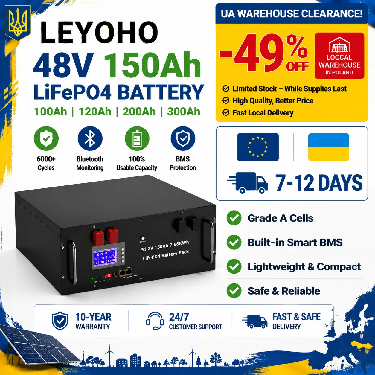 

LiFePO4 48V 150Ah Battery 6500+ Cycles 51.2V 100Ah 300Ah Solar Energy Storage AKKU Bluetooth RS485 CAN 16S BMS EU Ukraine STOCK