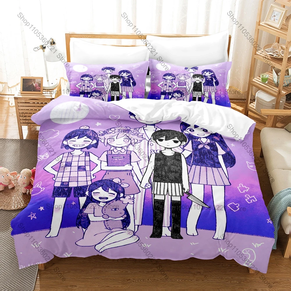 Cool Surreal Game Design Duvet Cover + 2 Pillowcases, Omori Art Print Cozy Bedding for Bedroom Decoration