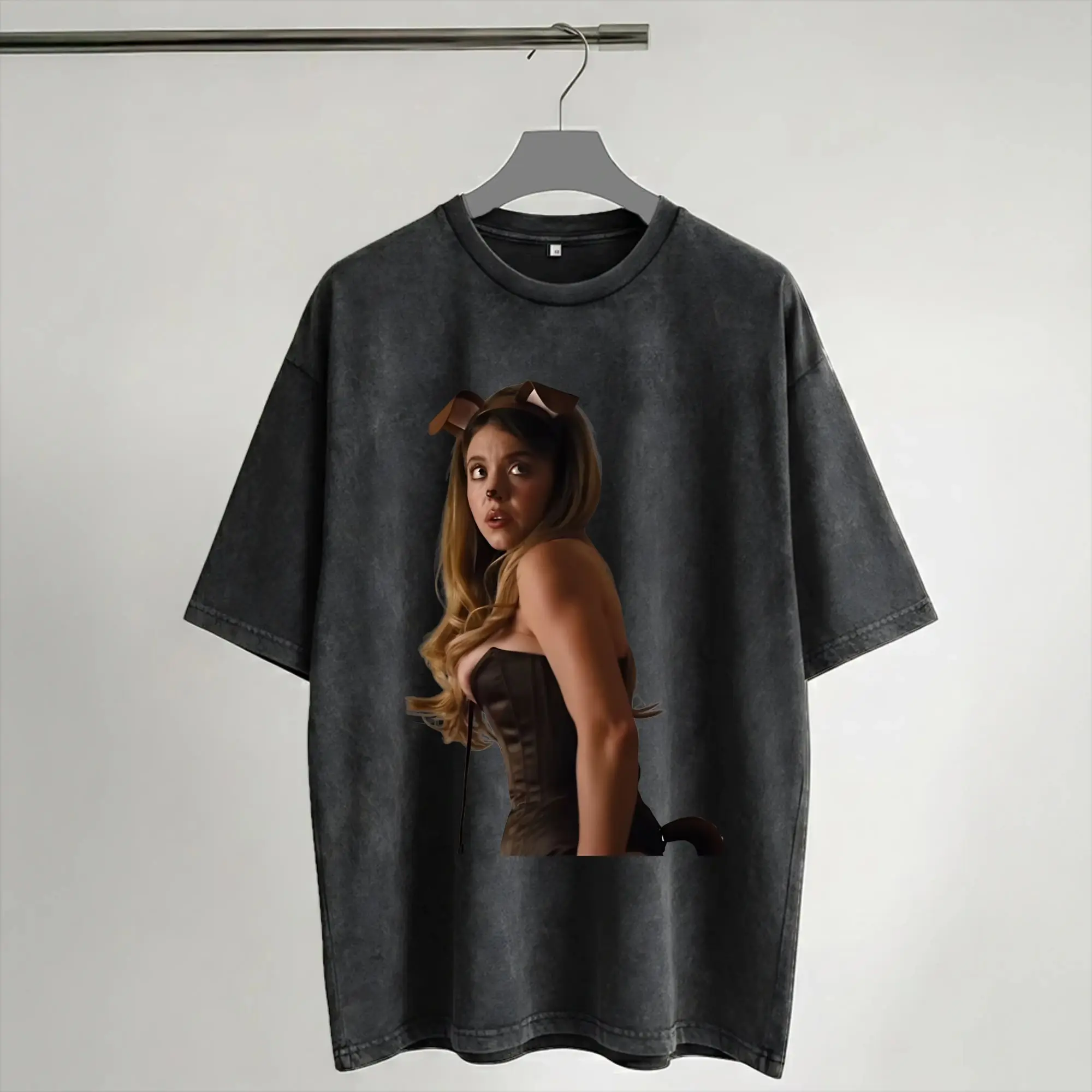 Chemises délavées Harajuku Sydney Sweeney Bunny Ears Euphorias 3 cassie Accessoires T-shirt vintage Harajuku Streetwear à manches courtes