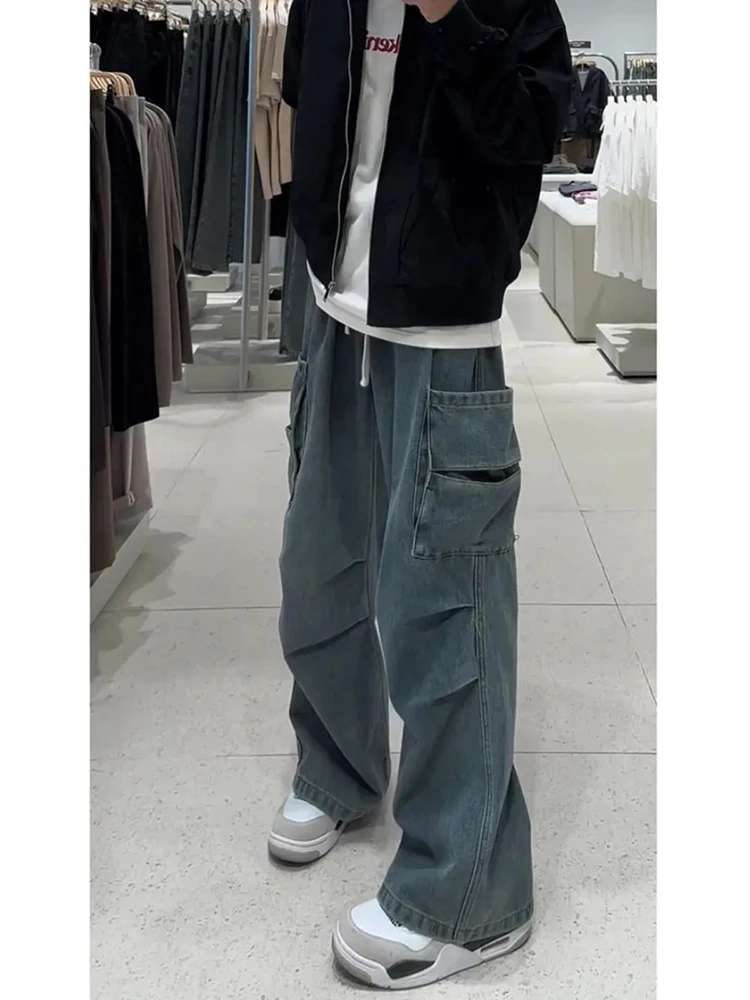 

American Retro Blue Workwear Jeans Men's Spring Autumn Large ket Wide Leg Straight Cut Casual High Waist Jeans
