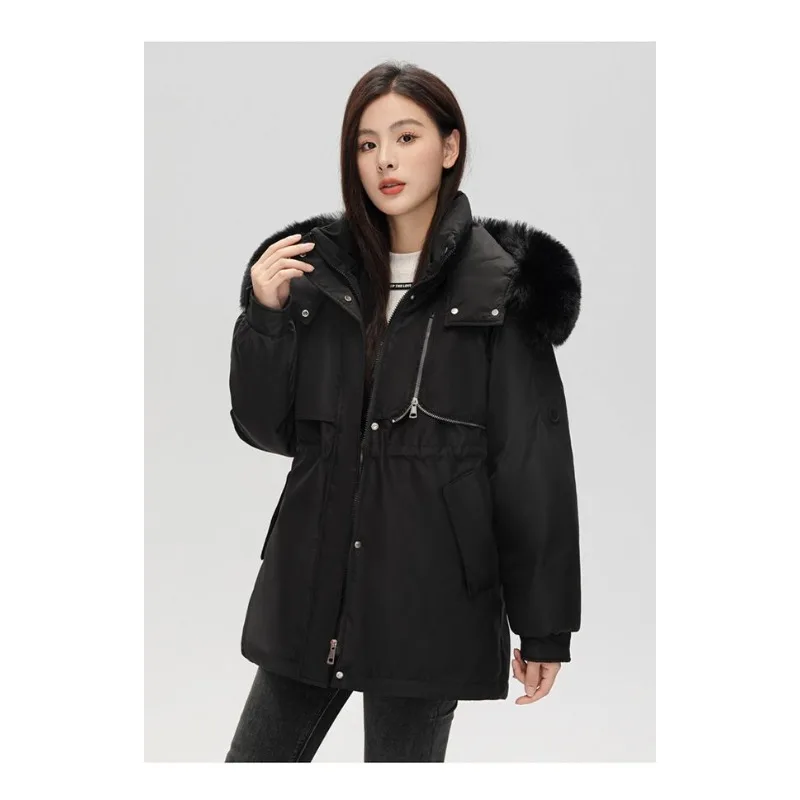 New Women's Down Cotton Coat, Long Winter Cold Warm Padded Jackets, Female Korean Loose Hooded Fur Collar Parker Cotton Clothes