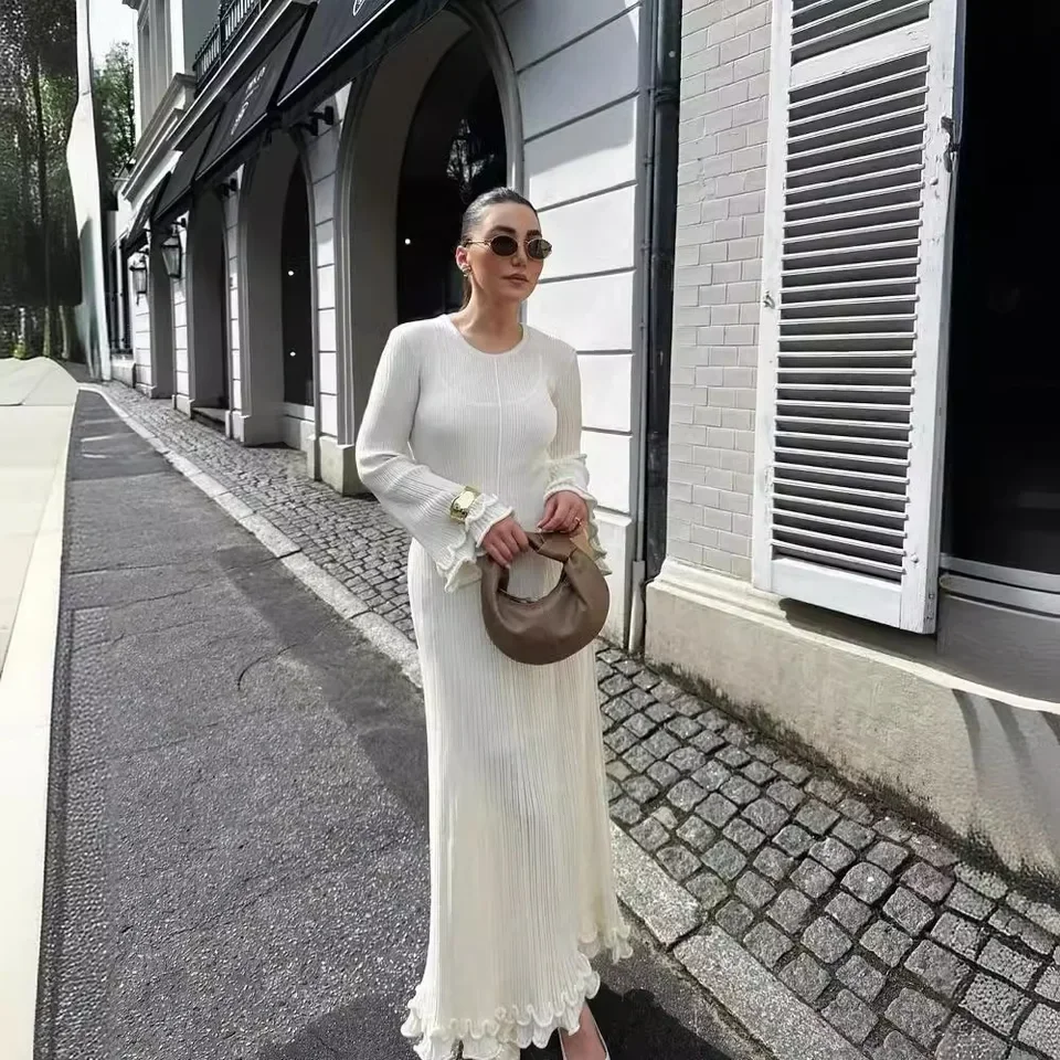 

Solid Color Round Neck Long Sleeve Slim Black Earrings Long Dresses For Women Vestidos De Manga Larga Vestido Blanco Mujer Y2k