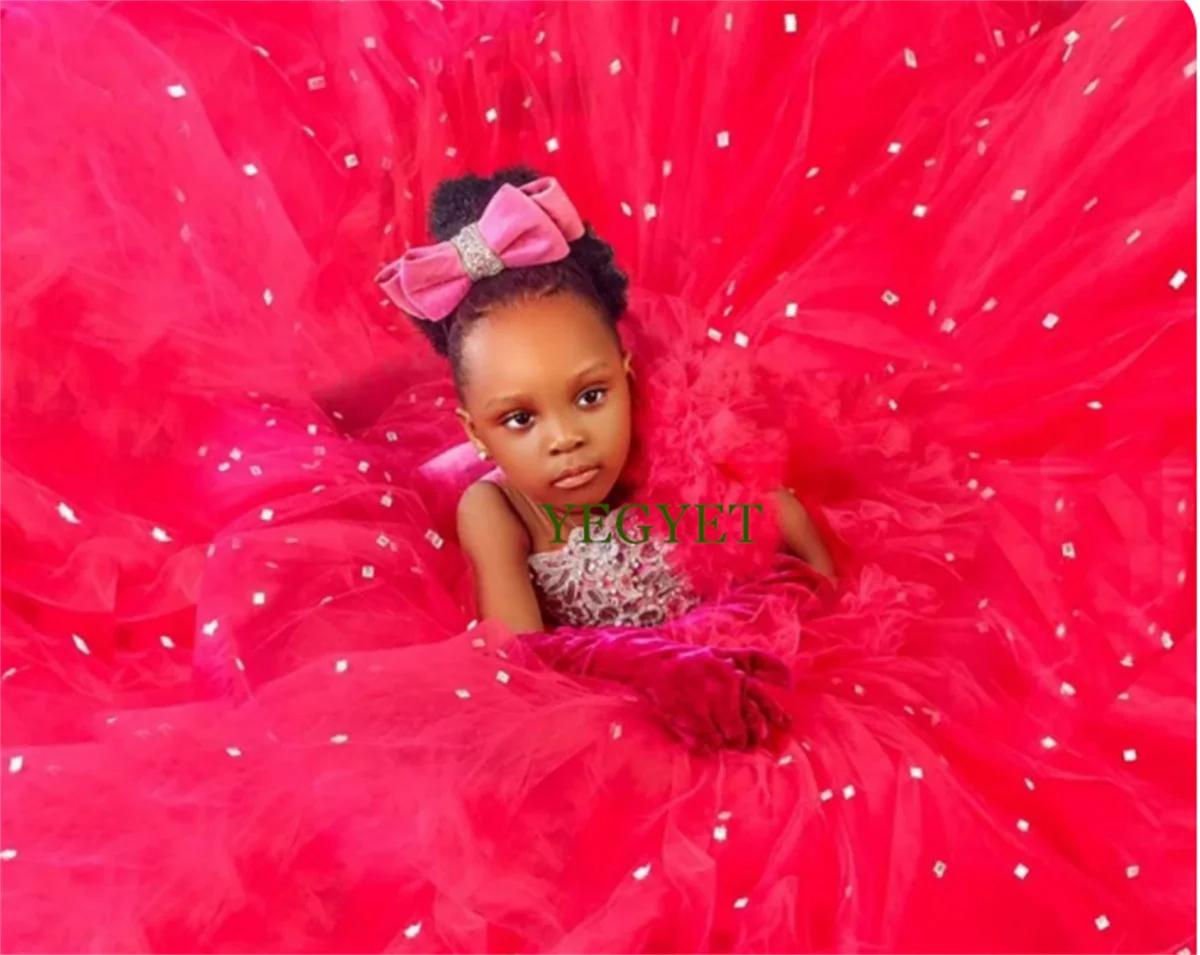 Red Girls Birthday Party Dresses Beaded Extra Puffy Tulle Flower Girl Dresses Baby Kids Ball Gowns for Photo Shoot