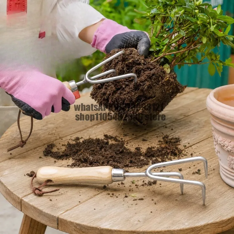 Stainless steel three-claw, flower planting tool, potted garden, soil rake, small