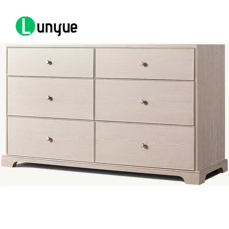 White Washed Oak 6 Drawer Dresser Brass Knob Curved Base Modern Handmade Wide Format Storage Cabinet for Bedroom Living Room