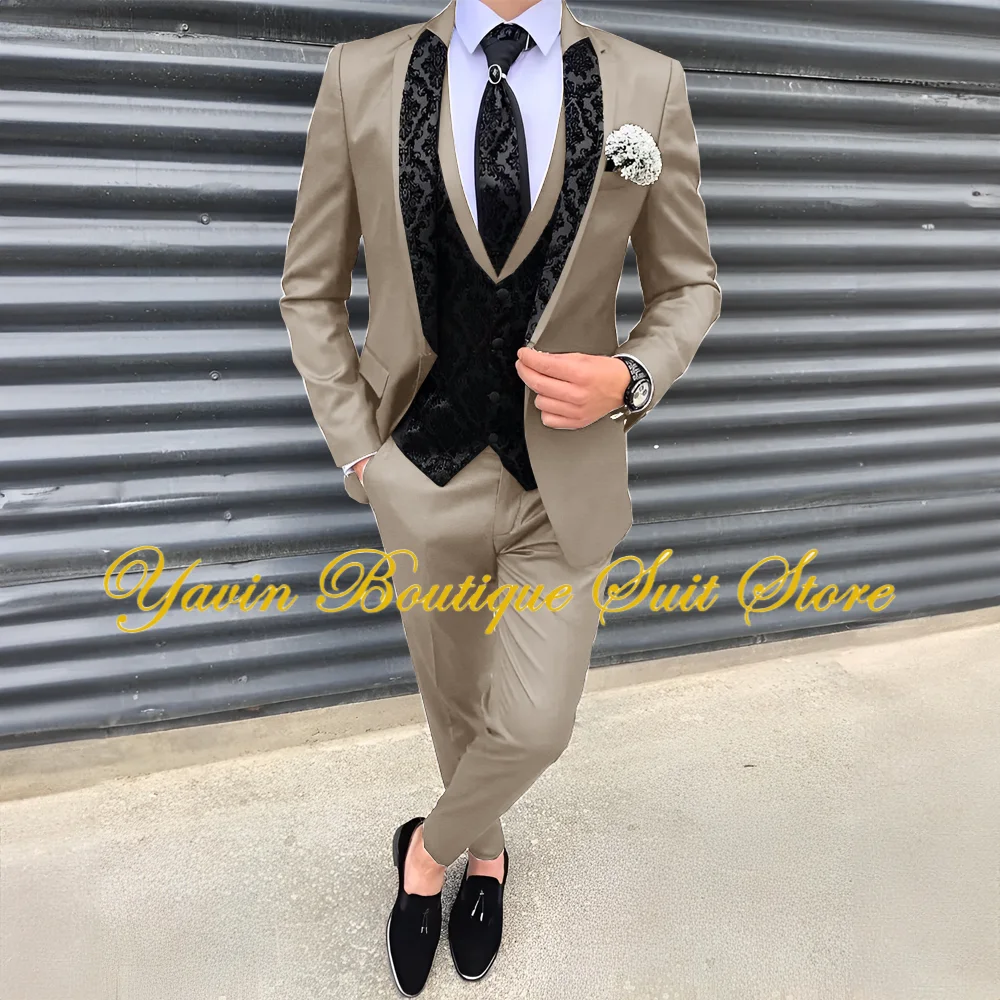 Luxury Men Suit 3 Piece Blazer Vest Pants Set One Button Notch Lapel Jacket Formal Prom Wedding Groom Tuxedo