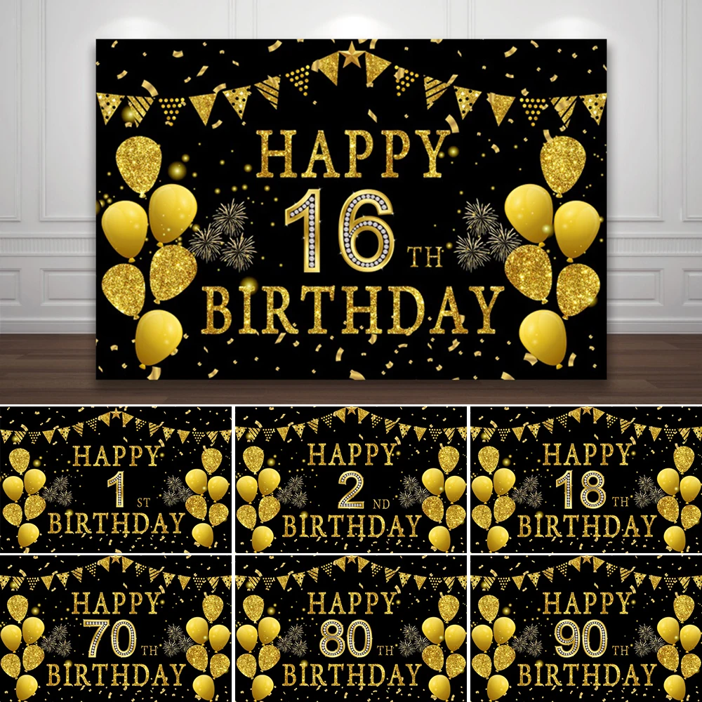 Black Gold Birthday Photography Background Coming-of-age Ceremony 16 18 70 80 Birthday Party Customized Portrait Decor Backdrop