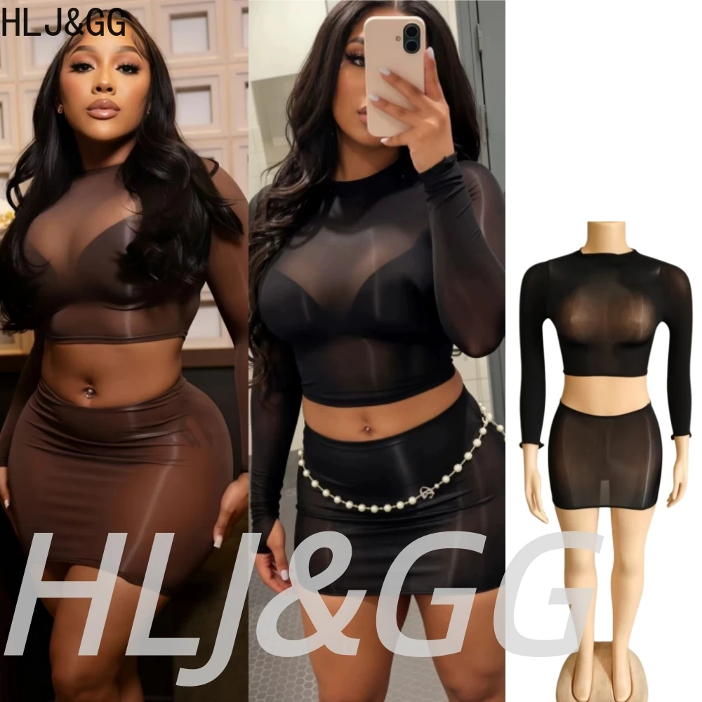 

HLJ&GG Sexy See Though Bodycon Mini Skirts Two Piece Sets Women Long Sleeve Crop Top And Skirts Outfits Hot Nightclub Clothing