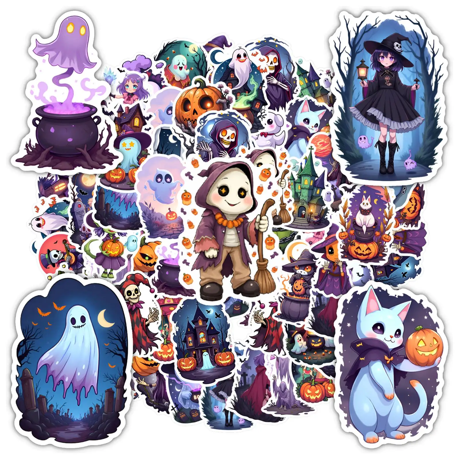 35pcs-50pcs Spooky Witch Stickers Cartoon Ghost Funny Stickers  Stickers For DIY Phone Guitar Laptop Notebook Suitcase Cup
