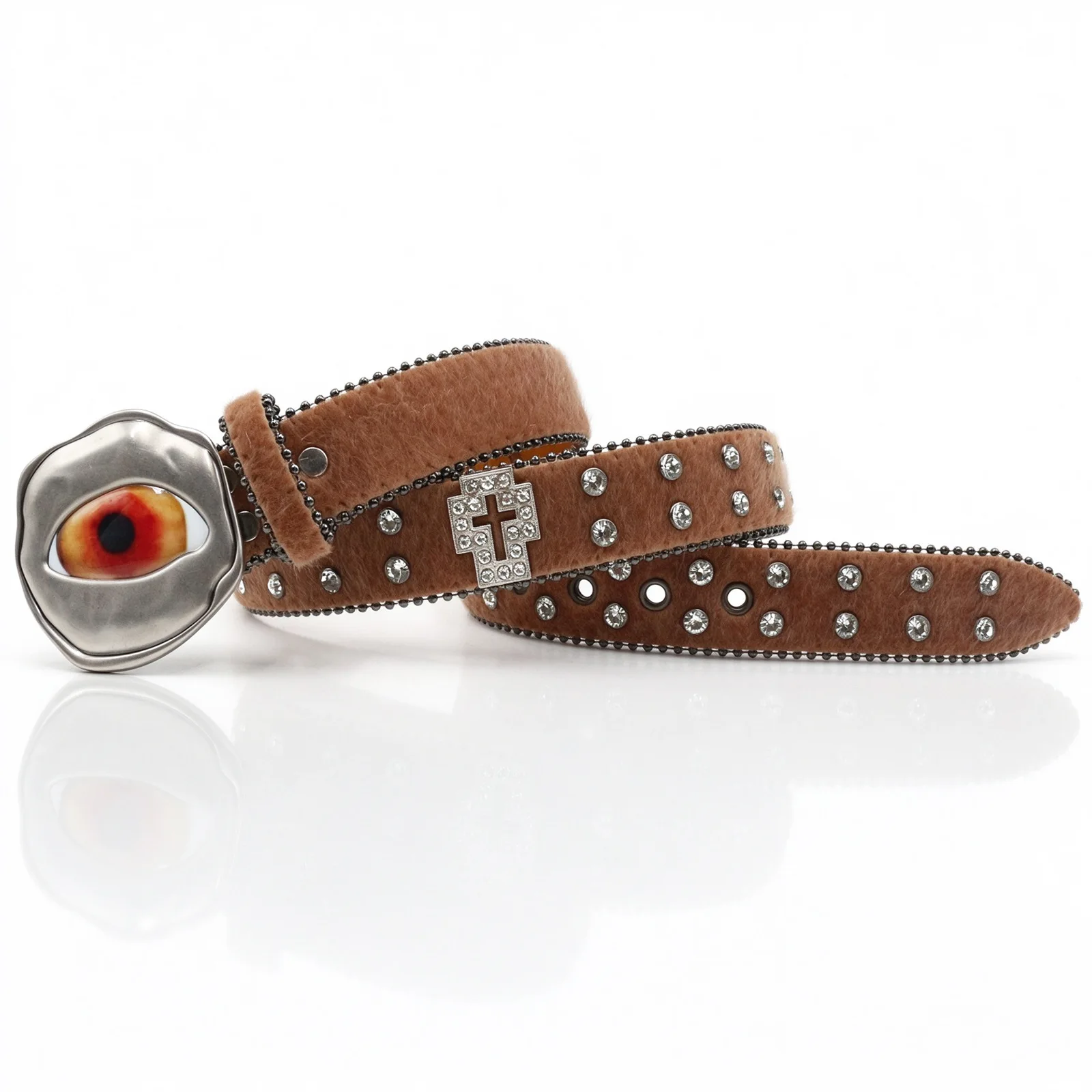 Fashion Punk Rivet Belt Novelty Eyeball Metal Cross Buckle Rhinestone Studded Pu Leather Waistband Women Men