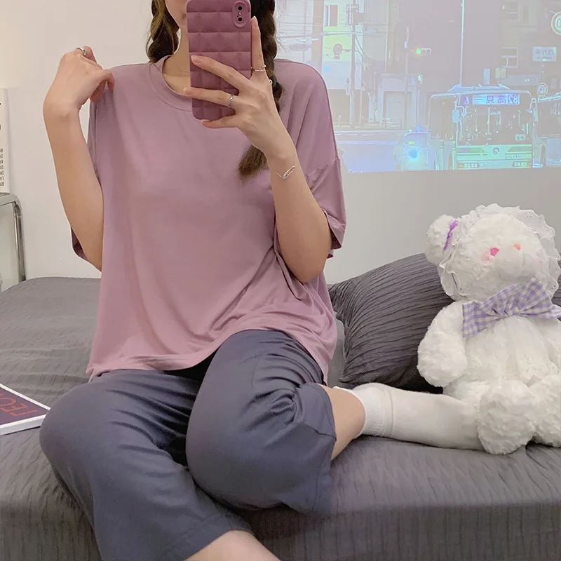 Women's Pajamas Sets Modal Pyjamas with Chest Pad Pijamas Loungewear Short Sleeve and Pants Sleepwear Nightwear Women Homewear