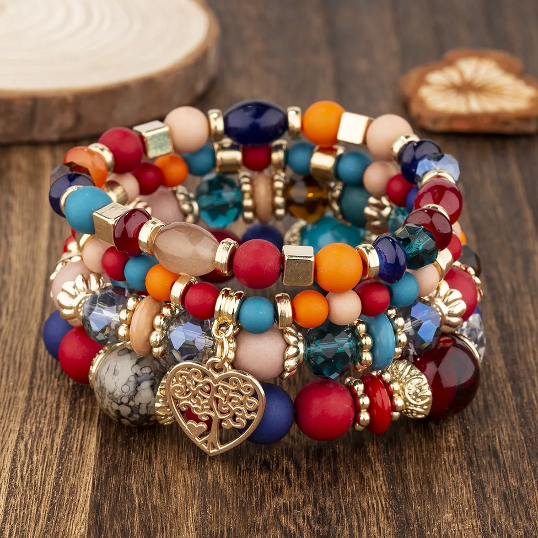 4-teiliges Armband-Set mit Herz- und Lebensbaum-Motiv für Damen, Acryl-Glasperlen, elastische Armkette, modischer Party-Schmuck für Frauen – Detail 7